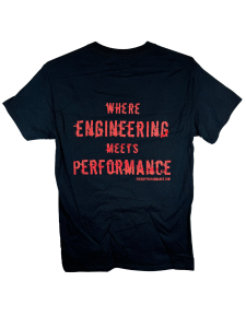 "Where Engineering Meets Performance" T-Shirt - Black and Red - Image 2