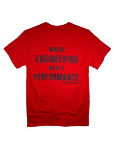 "Where Engineering Meets Performance" T-Shirt - Red and Charcoal - Image 2